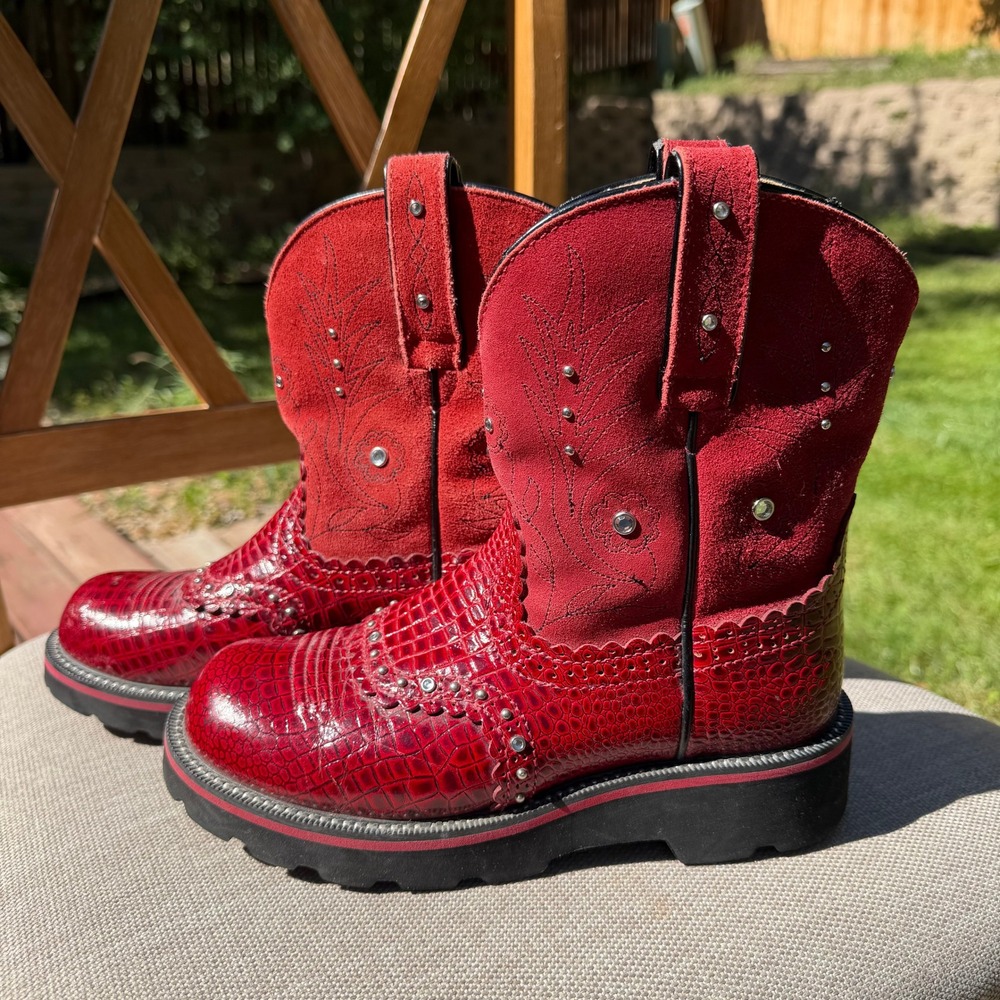 Ariat Fatbaby Red Croc Suede Studded Western Boots Womens 6B 16460 Floral Lug